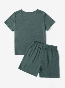 SHEIN Young Boy Letter Patch Detail Tee & Drawstring Waist Shorts - Dark Green - View 4