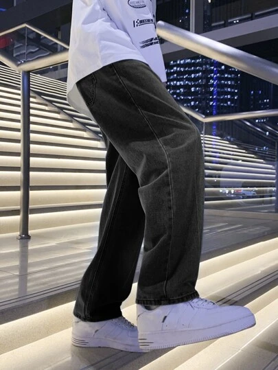 Quần Jeans Nam Túi Dây kéo Nút phía trước màu trơn