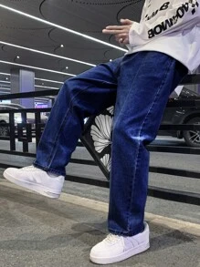 Men Slant Pocket Loose Jeans - Dark Wash - View 1