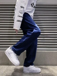 Men Slant Pocket Loose Jeans - Dark Wash - View 3