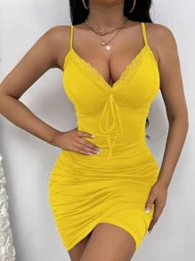 Chiquease Contrast Lace Knot Front Ruched Bodycon Dress - Yellow - View 1