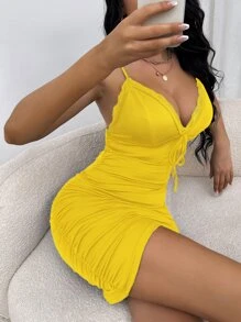 Chiquease Contrast Lace Knot Front Ruched Bodycon Dress - Yellow - View 7