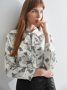 MOTF X Jo Situ Allen SILK PRINTED TIE-NECK BLOUSE - Black and White - View 1