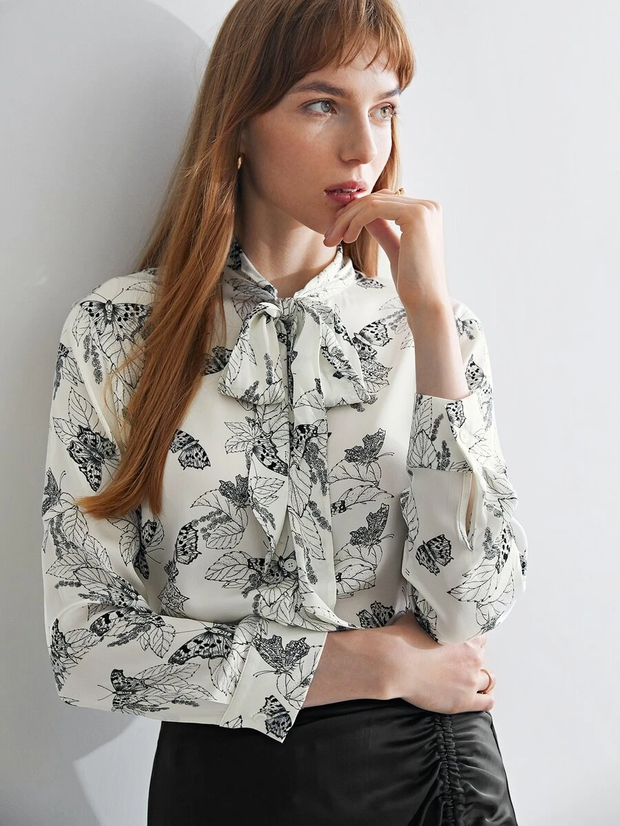 MOTF X Jo Situ Allen SILK PRINTED TIE-NECK BLOUSE - Black and White - View 1