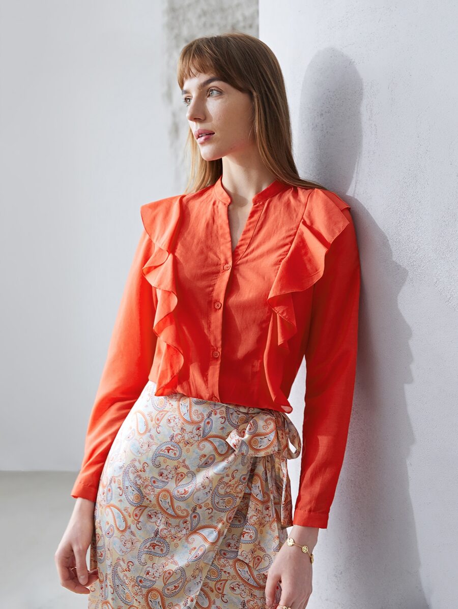 MOTF PREMIUM 真絲荷葉邊襯衫 - 橘色 - 查看 1