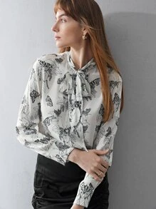 MOTF X Jo Situ Allen SILK PRINTED TIE-NECK BLOUSE - Black and White - View 3