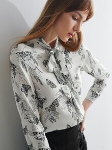 MOTF X Jo Situ Allen SILK PRINTED TIE-NECK BLOUSE - Black and White - View 5