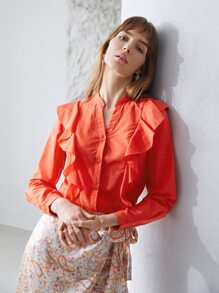MOTF PREMIUM 真絲荷葉邊襯衫 - 橘色 - 查看 5