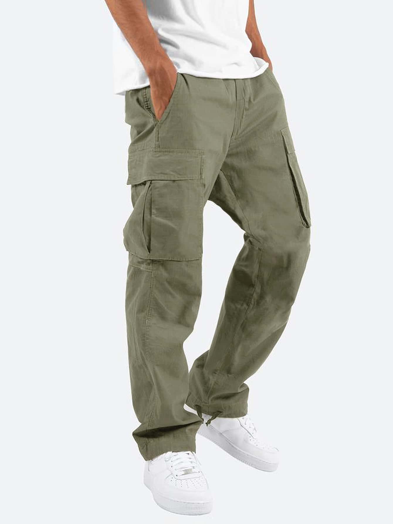 Manfinity Hypemode Pantalones rectos de cintura con cordón y bolsillo de solapa para hombre en color verde militar liso para usar en ocasiones informales - Verde militar - Ver 1