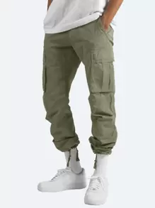 Manfinity Hypemode Pantalones rectos de cintura con cordón y bolsillo de solapa para hombre en color verde militar liso para usar en ocasiones informales - Verde militar - Ver 3