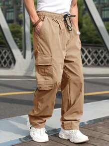 Manfinity Homme Men Flap Pocket Side Drawstring Waist Cargo Trousers - Khaki - View 1