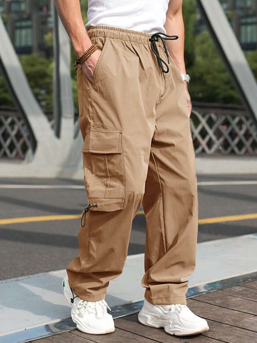 Manfinity Homme Men Flap Pocket Side Drawstring Waist Cargo Trousers - Khaki - View 1