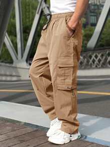 Manfinity Homme Men Flap Pocket Side Drawstring Waist Cargo Trousers - Khaki - View 3