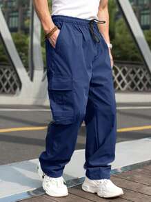 Manfinity Hypemode Men Flap Pocket Side Drawstring Waist Cargo Trousers - Navy Blue - View 1
