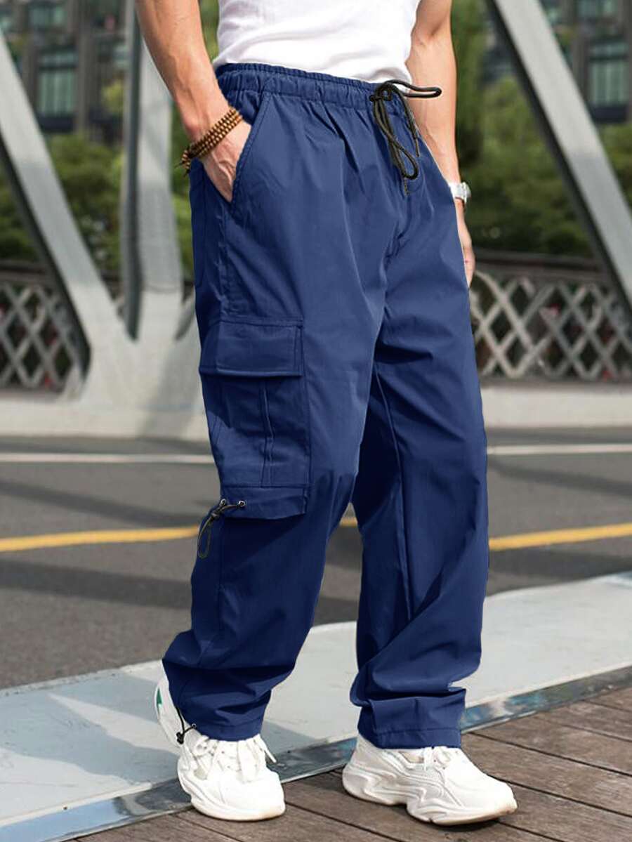Manfinity Hypemode Men Flap Pocket Side Drawstring Waist Cargo Trousers - Navy Blue - View 1