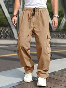 Manfinity Homme Men Flap Pocket Side Drawstring Waist Cargo Trousers - Khaki - View 4