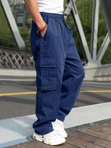 Manfinity Hypemode Men Flap Pocket Side Drawstring Waist Cargo Trousers - Navy Blue - View 4