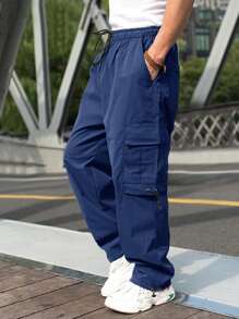 Manfinity Hypemode Men Flap Pocket Side Drawstring Waist Cargo Trousers - Navy Blue - View 5