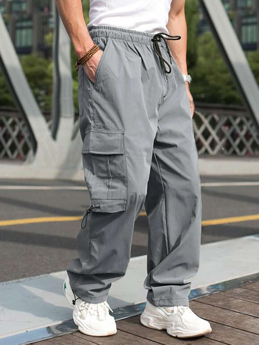 Manfinity Hypemode Hombres Pantalones cargo con bolsillo lateral con solapa de cintura con cordón - Gris - Ver 1