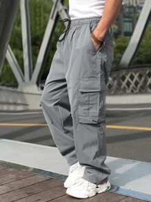 Manfinity Hypemode Hombres Pantalones cargo con bolsillo lateral con solapa de cintura con cordón - Gris - Ver 3