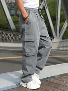 Manfinity Hypemode Hombres Pantalones cargo con bolsillo lateral con solapa de cintura con cordón - Gris - Ver 4