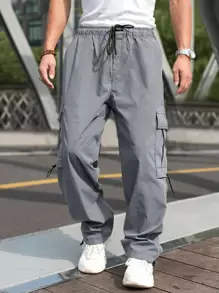 Manfinity Hypemode Hombres Pantalones cargo con bolsillo lateral con solapa de cintura con cordón - Gris - Ver 5