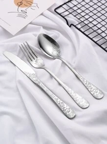 3 件套花朵细节餐具套装学校用品、圣诞礼物 - 銀色 - 查看 1