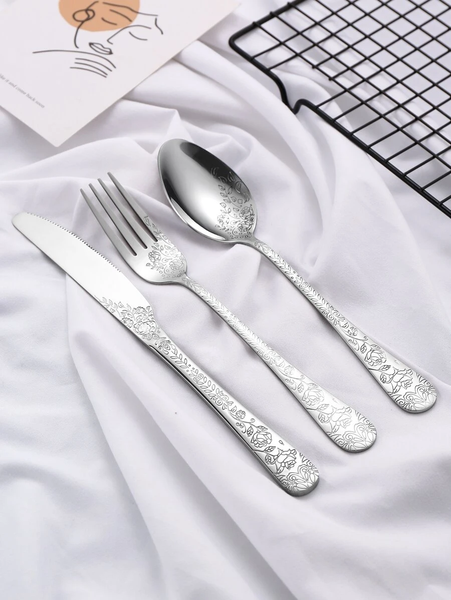 3 件套花朵细节餐具套装学校用品、圣诞礼物 - 銀色 - 查看 1