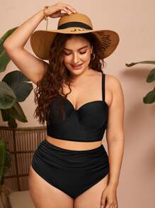 Swim Lushoire Conjunto de bikini de 2 piezas para talla grande para playa de verano, top tipo camiseta acolchada y Bottom acanalada de cintura alta - Negro - Ver 1