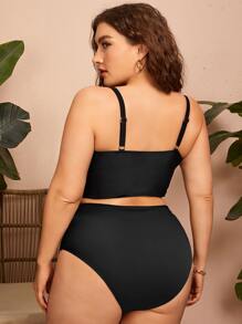 Swim Lushoire Conjunto de bikini de 2 piezas para talla grande para playa de verano, top tipo camiseta acolchada y Bottom acanalada de cintura alta - Negro - Ver 2