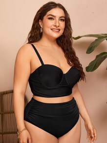 Swim Lushoire Conjunto de bikini de 2 piezas para talla grande para playa de verano, top tipo camiseta acolchada y Bottom acanalada de cintura alta - Negro - Ver 3