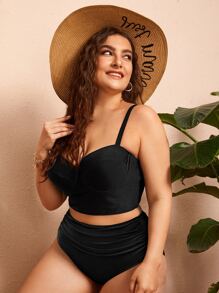 Swim Lushoire Conjunto de bikini de 2 piezas para talla grande para playa de verano, top tipo camiseta acolchada y Bottom acanalada de cintura alta - Negro - Ver 4