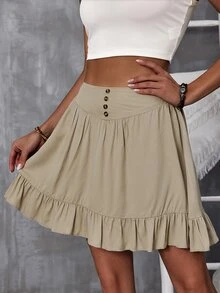 Falda con diseño de botón bajo con fruncido - Caqui - Ver 3