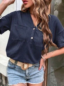 SHEIN LUNE Dual Pocket Drop Shoulder Knotted Cuff Blouse - Navy Blue - View 4