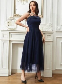 Modelyn Fuzzy Trim Mesh Overlay Cami Dress - Navy Blue - View 3