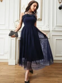 Modelyn Fuzzy Trim Mesh Overlay Cami Dress - Navy Blue - View 4