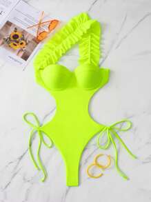 SHEIN Swim Neon Lime One Shoulder Ruffle Trim Tie Side Underwire One Piece Swimsuit Bathing Suit For Summer Beach - Lime Green - View 4
