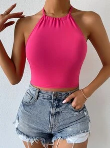 SHEIN Unity Áo hai dây Lộ Lưng Ren lên màu trơn Gợi cảm - Màu Hồng Tươi - Xem 2
