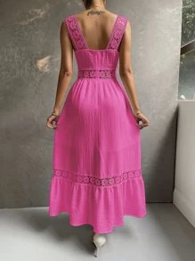 SHEIN Holidaya Guipure Lace Insert Ruffle Hem Dress