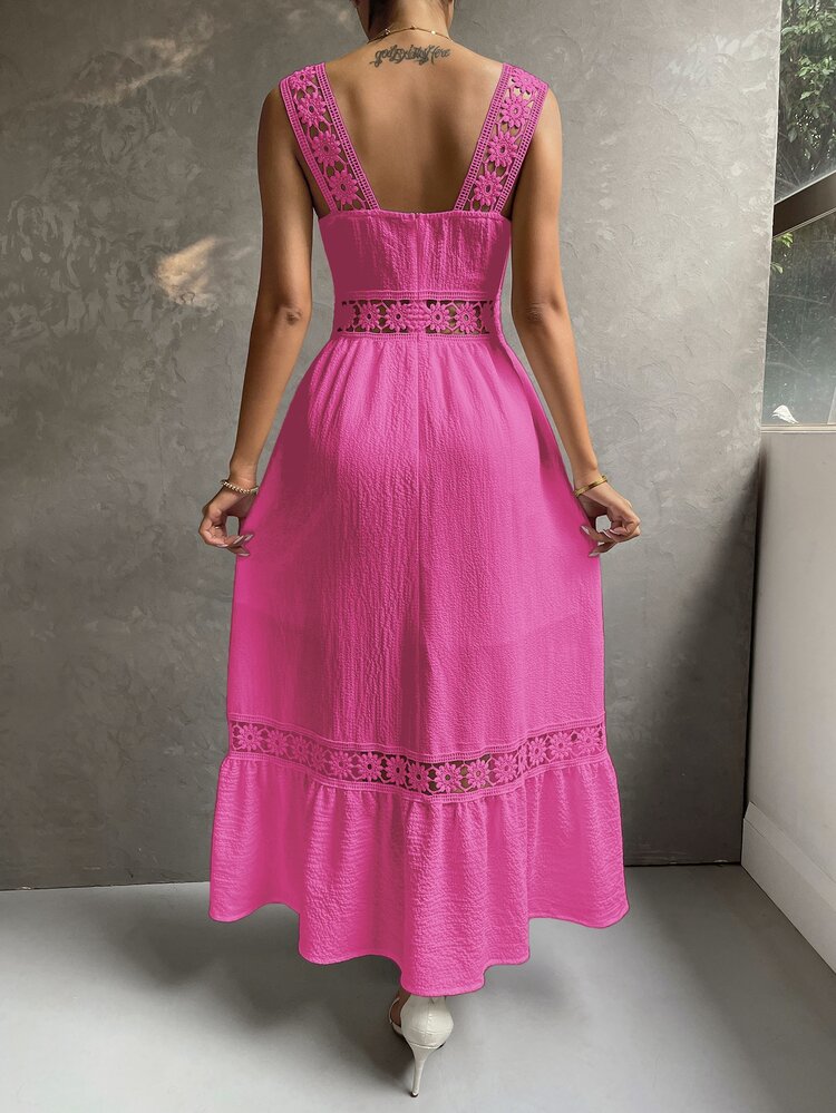 SHEIN Holidaya Guipure Lace Insert Ruffle Hem Dress - Hot Pink - View 2