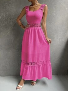 SHEIN Holidaya Guipure Lace Insert Ruffle Hem Dress