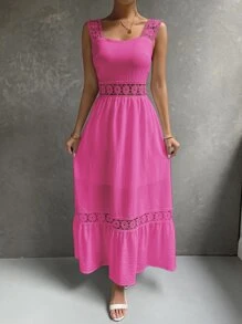 SHEIN Holidaya Guipure Lace Insert Ruffle Hem Dress