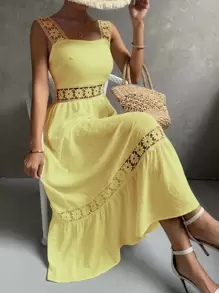 SHEIN Holidaya Women Dresses Kontras Lace Ruffle Hem Zip Plain Boho - Kuning - View 1