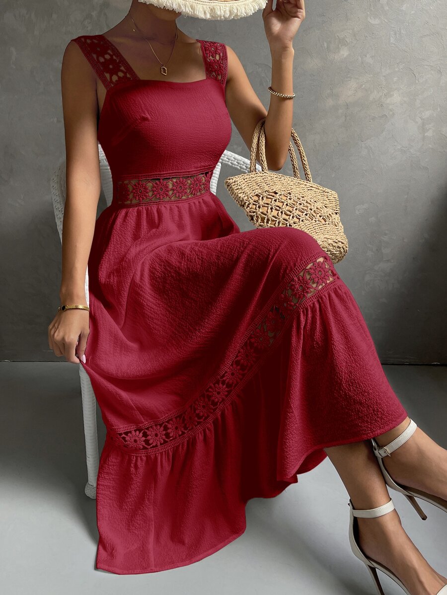 SHEIN VCAY 水溶蕾絲拼接荷葉邊連衣裙 - 玫瑰紅 - 查看 1