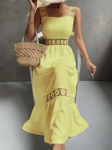 SHEIN Holidaya Women Dresses Kontras Lace Ruffle Hem Zip Plain Boho - Kuning - View 3