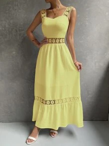 SHEIN Holidaya Women Dresses Kontras Lace Ruffle Hem Zip Plain Boho - Kuning - View 4