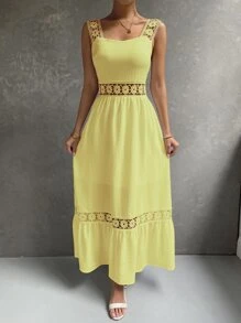 SHEIN Holidaya Women Dresses Kontras Lace Ruffle Hem Zip Plain Boho - Kuning - View 5