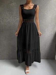 SHEIN LUNE Vestido largo con inserción de encaje guipur y volante en el bajo para mujer