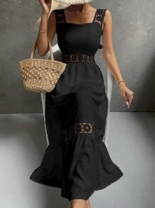 SHEIN LUNE Vestido largo con inserción de encaje guipur y volante en el bajo para mujer