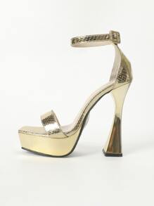 Metallic Snakeskin Embossed Pyramid Heeled Ankle Strap Sandals - Gold - View 3